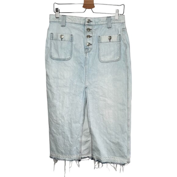 7 for all mankind Light Wash Button Fly Front Slit Denim Jean Midi Skirt Size 30 - Picture 1 of 14